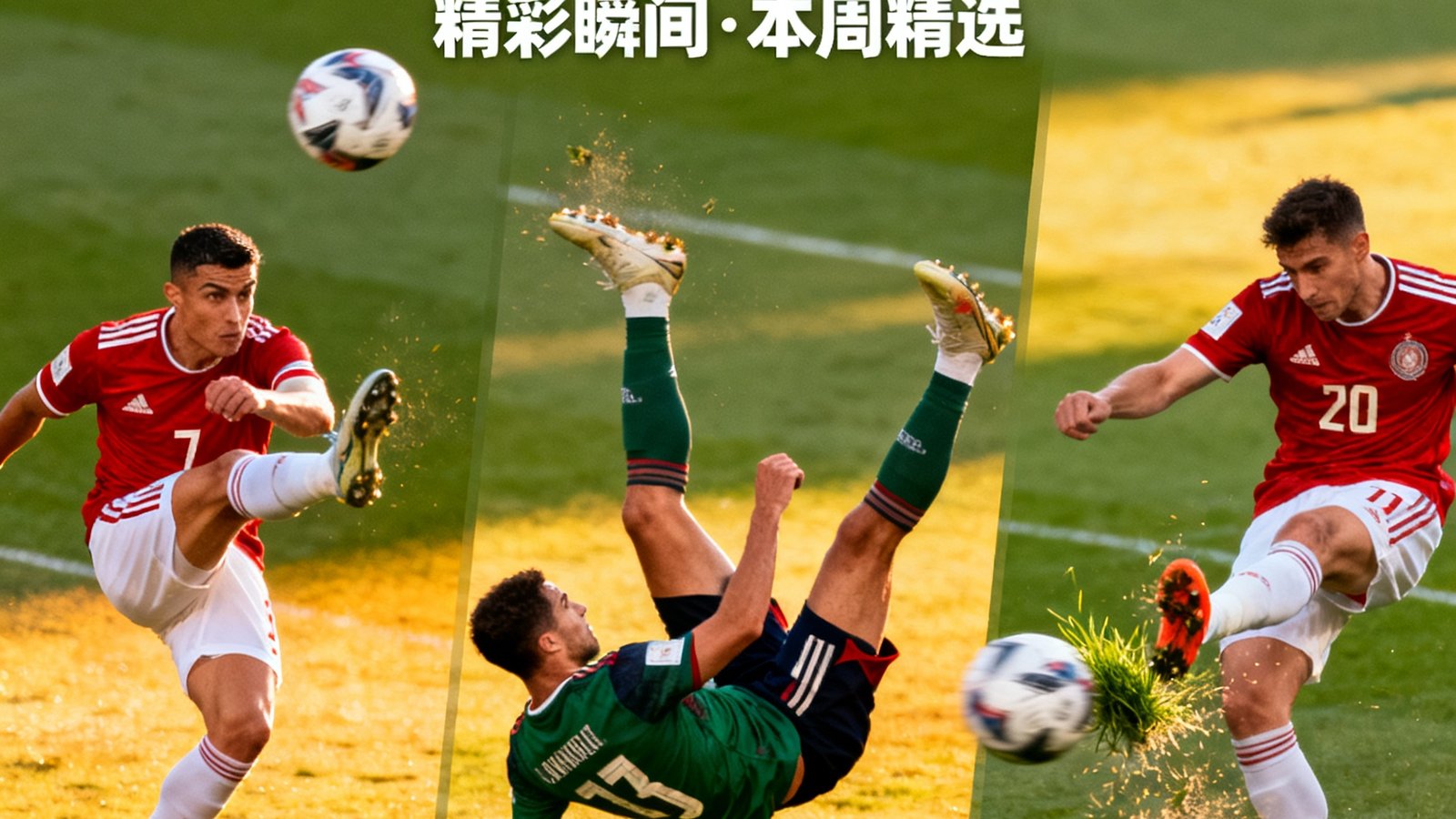 每日十佳球海报风格,包含凌空抽射、倒钩、远射等画面